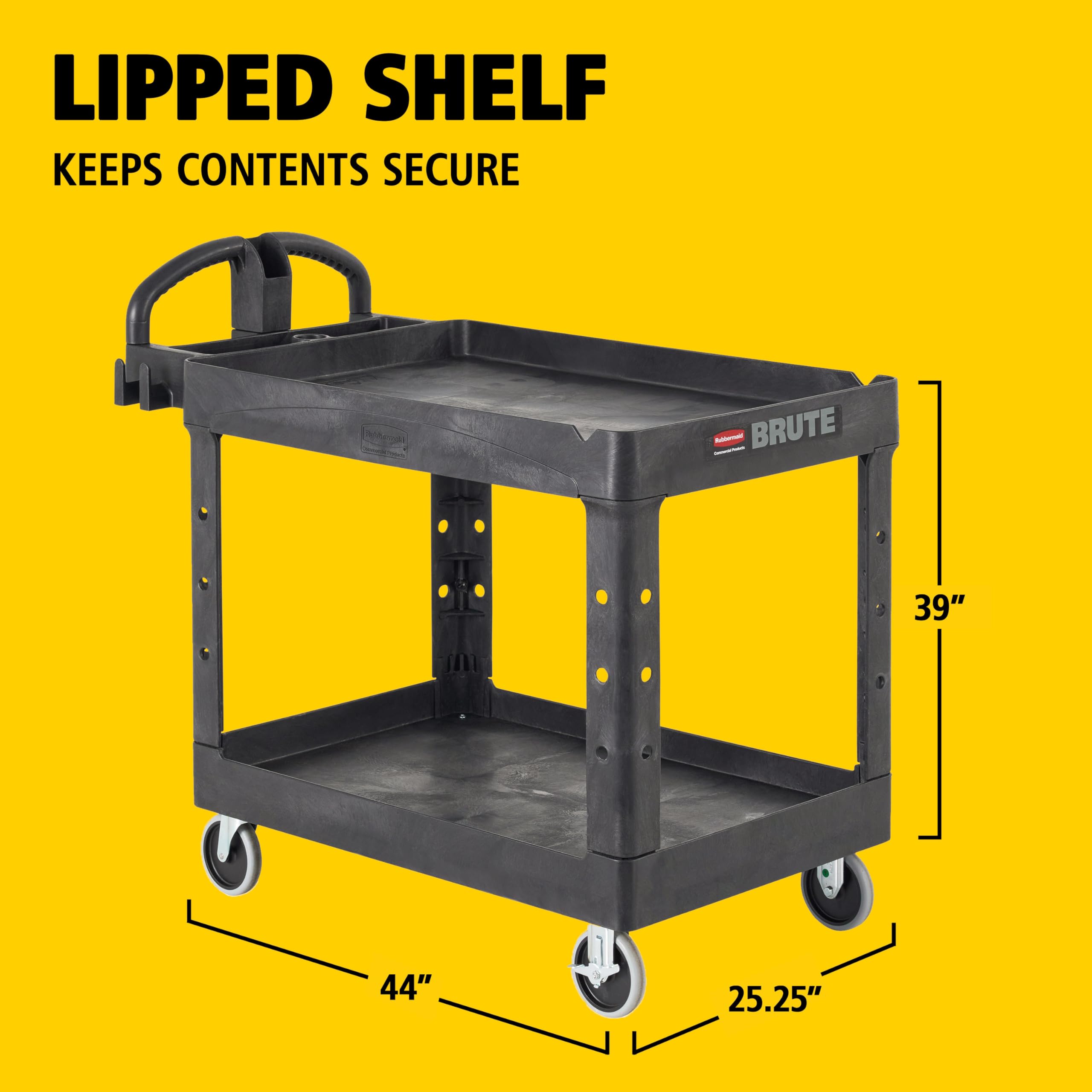 Rubbermaid Commercial Products 2-Shelf Utility/Service Cart, Medium, Black, Lipped Shelves, Ergonomic Handle, 500 Lbs Capacity, forfor Warehouse/Garage/Cleaning/Manufacturing - Image 10