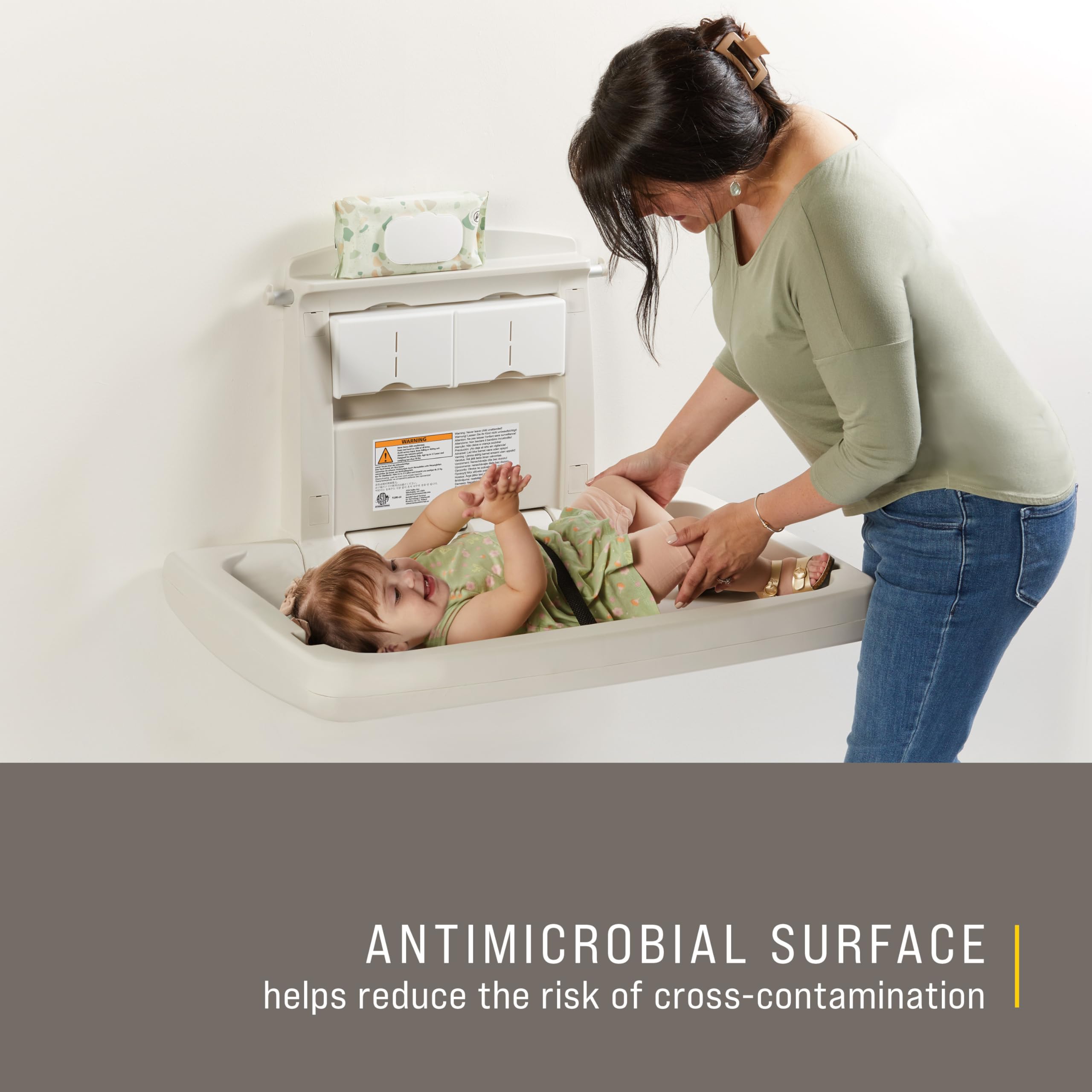 Rubbermaid Commercial Products Horizontal Baby Changing Station, Light Platinum, Wall-Mounted Fold-Down Diaper Change Table with Safety Straps for Restaurants/Hotels/Schools/Airports - Image 3
