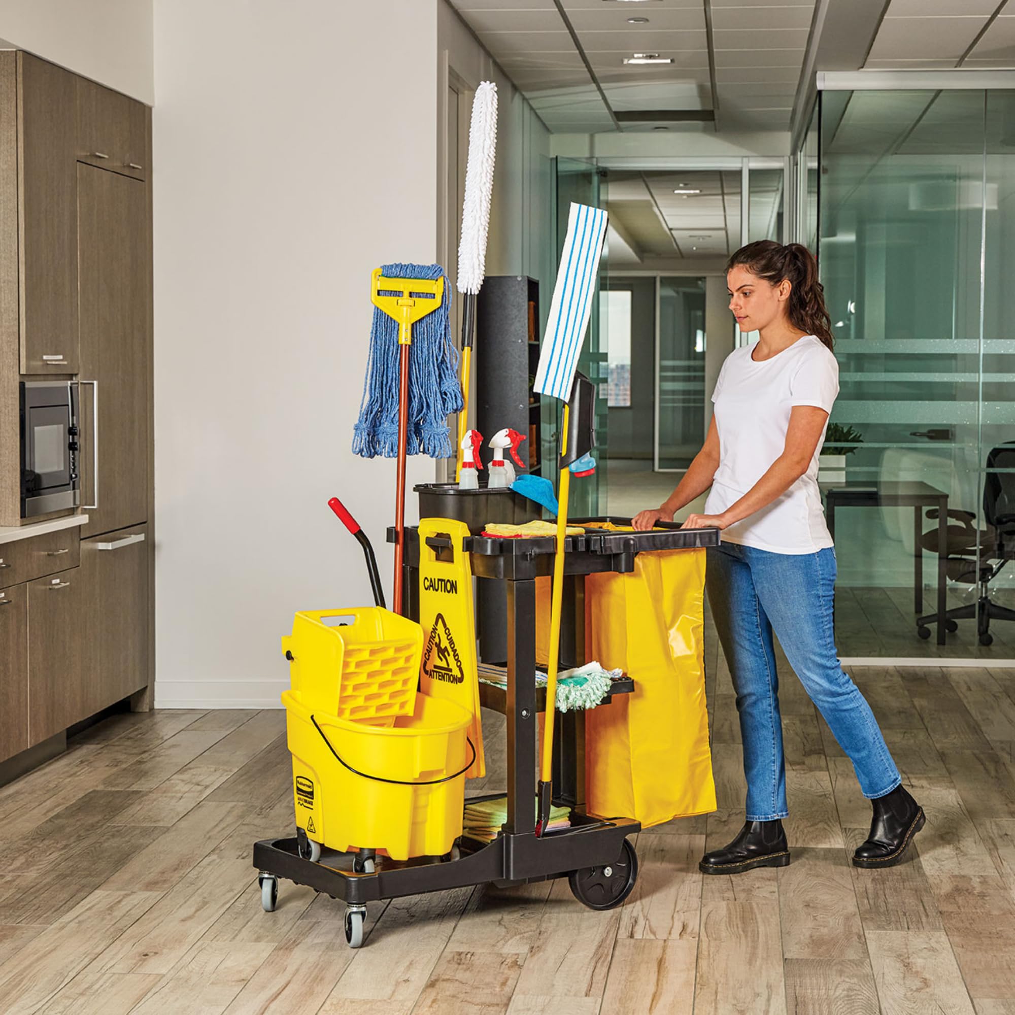 Rubbermaid Commercial Traditional Janitorial 3-Shelf Cleaning Cart, Wheeled with Zippered Yellow Vinyl Bag, for Business/School/Office/Janatorial Cleaning - Image 3