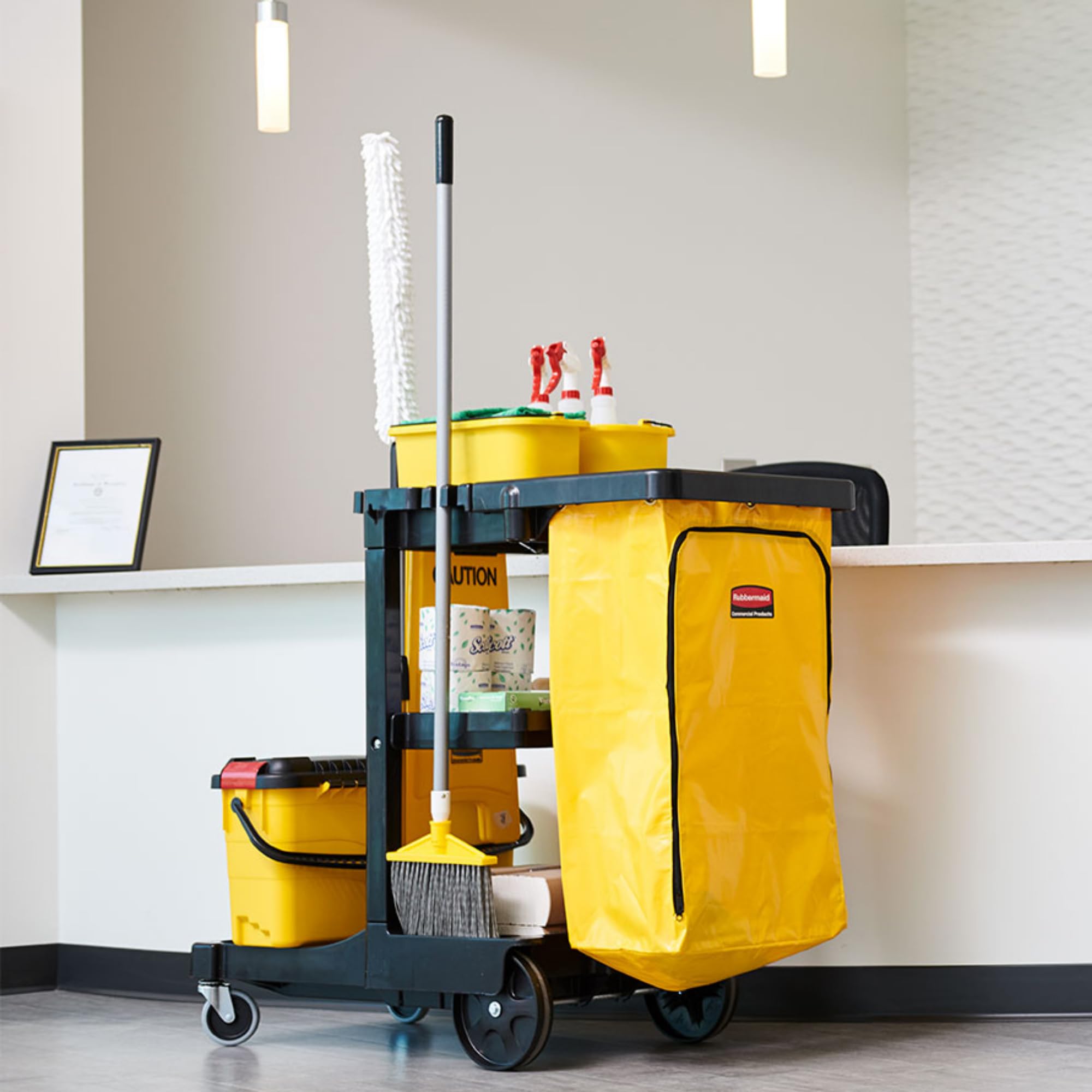 Rubbermaid Commercial Traditional Janitorial 3-Shelf Cleaning Cart, Wheeled with Zippered Yellow Vinyl Bag, for Business/School/Office/Janatorial Cleaning - Image 6
